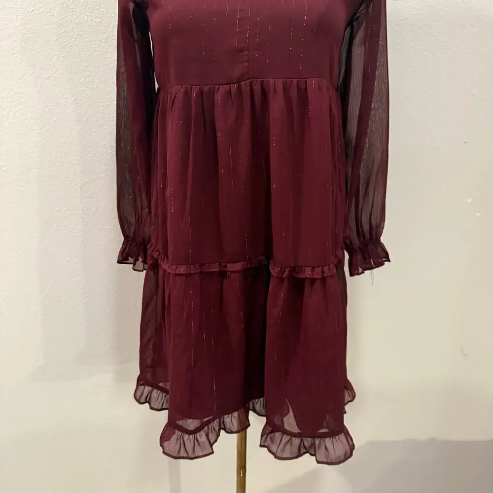 Old Navy Burgundy Long Sleeve Tiered Swing Dress Girls XL Boho Tiered Shimmer